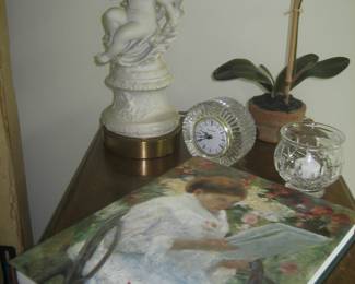 Cherub table lamp, glass clock, crystal votive, Mary Cassatt "Modern Woman" book