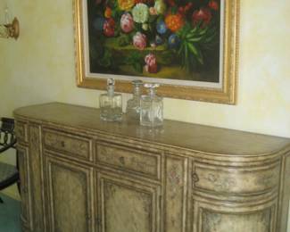 LaBarge painted credenza, oil painting, crystal decanters