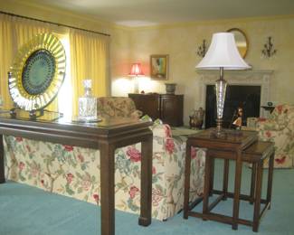 Sofa table, nesting end tables, crystal decanter and table lamp, large art glass plate, upholstered furniture