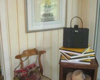 Kindel night stand, chair, purses, framed art