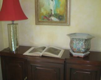 Kindel sideboard with flatware drawers, painting by Geegee Collins, glass table lamp, jardiniere