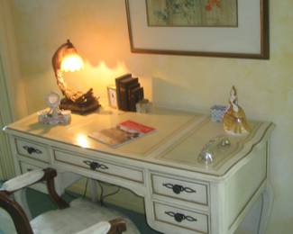 French Provincial writing desk, bergère style chair, framed Asian art