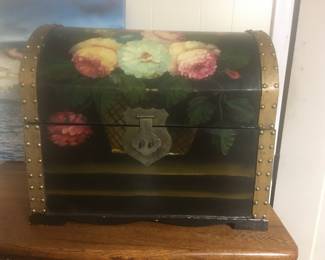 Trunk Chest Trinket Box Wood Hand painted Floral with Gold Studs