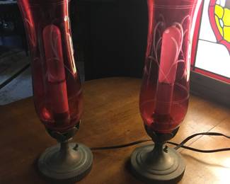 Cranberry Etched Mantle Lamps.