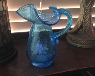 Vintage Blue crackled glass Mini Pitcher
