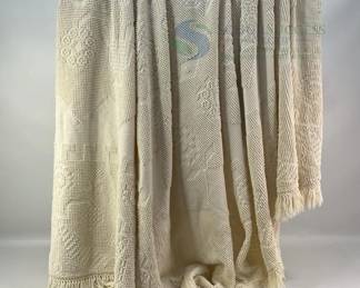Cream Chenille Bedspread, Floral Geometric Pattern, Fringed Edges