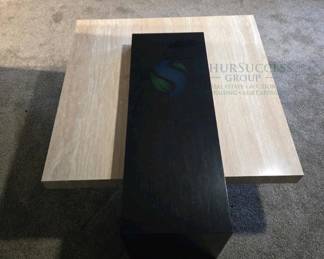 Modern Stone and Wood Multi-Level Coffee Table, Beige and Black