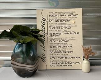Decorative Glass Vase and Inspirational Wall Art Print, Blue and Beige