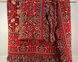 Red Woven Throw Blanket, Floral and Geometric Design, Fringed Edges