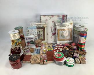 Craft Supplies Lot with Rubber Stamps & Ribbon Rolls
