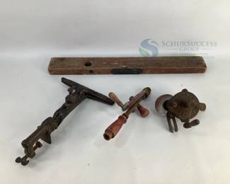 Vintage Hand Tools Set: Hand Drill, Grinder, Clamp, Level, Metal/Wood