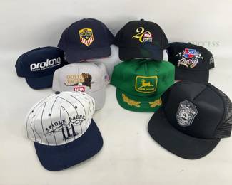 Variety of Branded Caps Including NRA, John Deere, CarQuest, Prolong