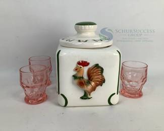 Ceramic Cookie Jar with Rooster Design and Three Pink Glasses