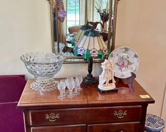 Stanley furniture cabinet, large Fostoria punch bowl, & beautiful gold mirror