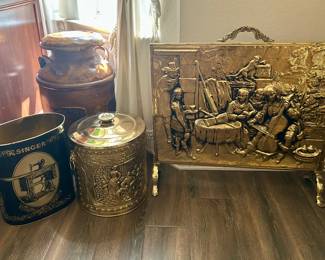 Antique metal dairy jug, Singer trashcan, brass coal scuttle & English brass fireplace screen
