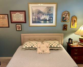 Very nice bedset & artwork including needlepoint pieces
