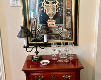 Very nice glass decanter set, vintage lamps & lovely framed artwork