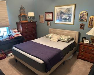 Very nice bed set, tall chest of drawers, side tables, and collection of artwork