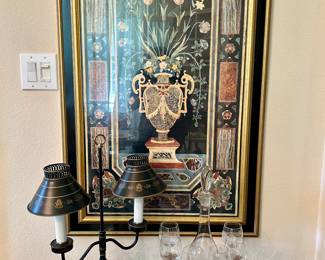 Glass decanter set & vintage lamp & beautifully framed artwork