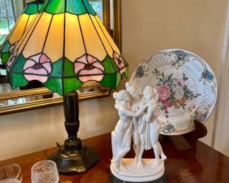 Tiffany-style lamp, pretty decorative plate & A. Santini sculpture