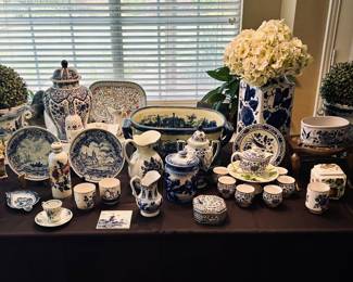 Lovely collection of Delft pottery & other blue & white porcelain pieces