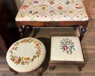 Sweet needlepoint bench & stools