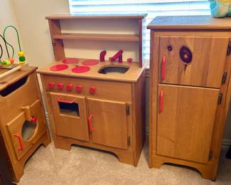 Very cool set of wooden children’s play furniture- washer, sink & stove, and refrigerator/cabinet