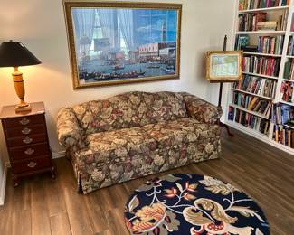 Comfy floral sleeper sofa, filing cabinet & Venetian scene