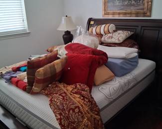 Full size bed with slats, solid wood. Full size mattress and bedding