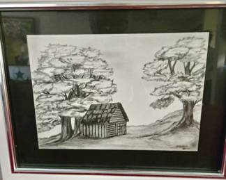 Pencil of Log Cabin c. 1980 - M. Brunner - Matted & Framed
