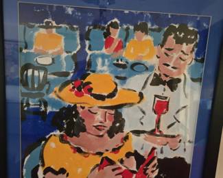 Cafe Painting on Paper - Illegible Signature - Matted & Framed