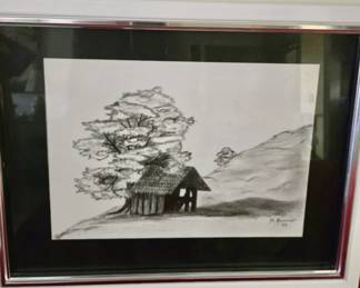 Pencil of Log Cabin c. 1973 - M. Brunner - Matted & Framed