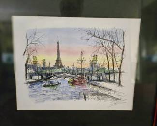 Pen/Pencil & Watercolor of Paris Scene - Signed, but Signature is Illegible - Matted & Framed
