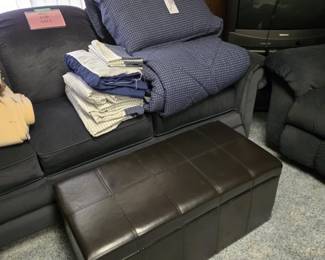 Leather Lift-Up Lid Chest for Storage; Bedding; Vintage TV; Sofa is not for sale.
