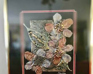 Joel Zaretsky (1938-2022) NY Artist c. 1980s Multi-Media - Flowers with Butterfly (Framed)