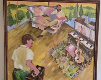 Two Large Oversized Paintings of Two Musical Gents at Home by Diane Fowler - Framed