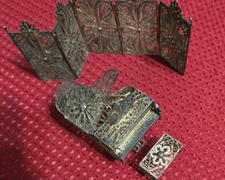 Miniature Sterling Silver Filigree Grand Piano & Bench and 5-Panel Screen - Dollhouse Size