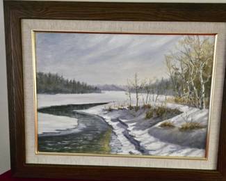 1990 Winter Waterway Landscape Acrylic Painting - Signed Illegible