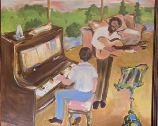 Two Large Oversized Paintings of Two Musical Gents at Home by Diane Fowler - Framed