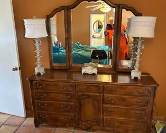 Ethan Allen Country French Cherry Wide Dresser with 3 section mirror (part of 5 piece bedroom set)