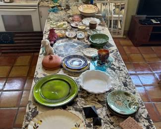 Assortment of platters, plates, glasses, misc. with multiple vintage items