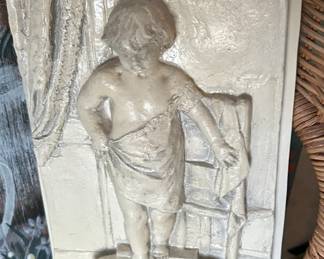 Antique BOY AT BATH English Terra Cotta Sculpture Plaque Hanging Figurine