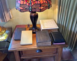 Dale Tiffany lamp with vintage and antique bibles