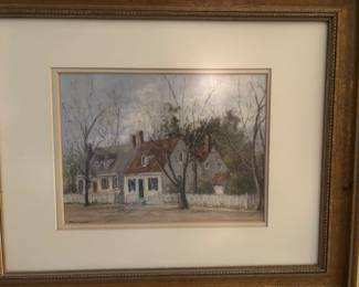 The painting depicts the Nelson-Galt House in Colonial Williamsburg, Virginia.