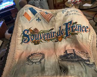 Antique silk souvenir from France, likely from the World War I era, given its inscription "In Memory of Service in France with U.S. Army" and the inclusion of the French and American flags.