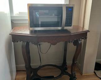 Antique accent table $45, gently used Microwave $15