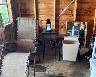 Anti-gravity chair $20, small table $5, Paper shredder $5, Beveled mirror $5, Lantern with LED candle $3