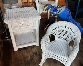 White wicker nightstand $30, Child's white wicker rocking chair $20