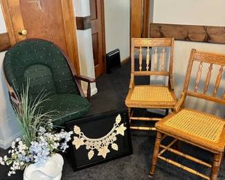 Office chair $5, unique vase with silk flowers $5, Cane bottom chairs (2) $5 each, Hand crochet neck piece in shadow box (crochet work done in 1917) $50,