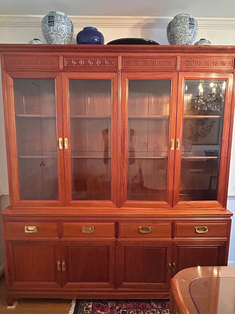 Chinese rosewood(?) China cabinet 6’ w x 6’9” h